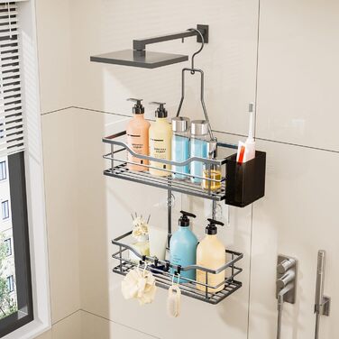 Настінна поличка для душу HapiRm з 4 гачками - поворотна 360°, органайзер для шампуню та мийних засобів, сріблястий