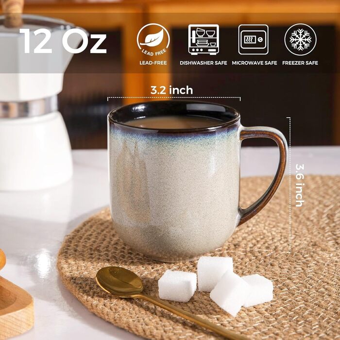 Набір керамічних кавових чашок LERATIO, 340 мл, 6 шт. - великі порцелянові чашки з зручною ручкою для лате, капучино, молока, какао. Можна мити в посудомийній машині та використовувати в мікрохвильовці. Ідеально підійде для чоловіків, жінок, батьків. Колі