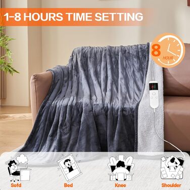 Електрична гріюча ковдра з таймером та захистом від перегріву, 150x180 см, 10 режимів нагріву, Flanell, для ліжка, дивану, офісу (темно-сірий)