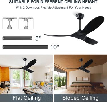 Чорний стельовий вентилятор з дерева (132 см) з пультом керування, тихий, для вологого приміщення