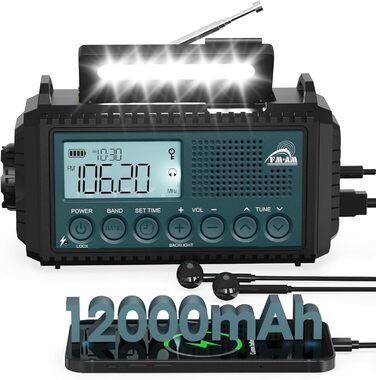 Радіо Roxicosly з ручним заводом та сонячною панеллю, 12000mAh Power Bank, AM/FM радіо для будівельних майданчиків, з ручним заводом та 5-ма способами живлення, приймач на весь світ, ліхтарик та зарядний пристрій, для відпочинку на природі, кемпінгу, надз