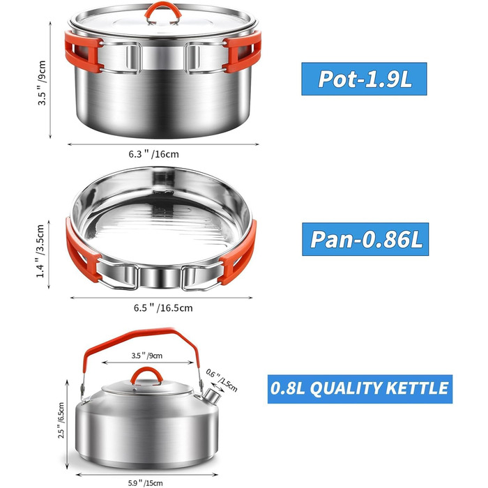 Набір посуду для кемпінгу з нержавіючої сталі 304, 1-2 особи. Посуд для туризму, похідний набір з каструлею, сковородою з антипригарним покриттям та чайником у сітчастій сумці