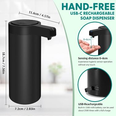 Mamiddle Automatic Soap Dispenser Stainless Steel with Sensor Infrared Soap Dispenser Electric IPX5 Waterproof USB-C Charging with Sensor Infrared Motion Sensor for Kitchen & Bath (Black)