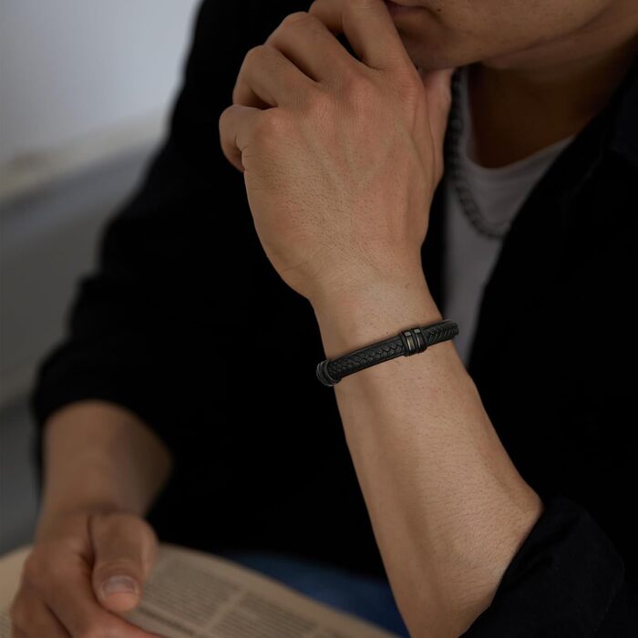 Чоловічий шкіряний браслет Casisto.J з нержавіючою сталлю, плетіння, гравіювання, північний стиль, чорний колір, з магнітною застібкою, у подарунковій коробці