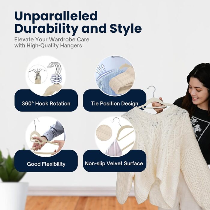 Набір велюрових вішалок для одягу, 50 шт. з органайзером для краваток, обертові гачки, кремовий колір