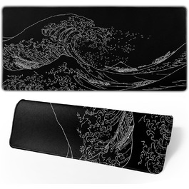 Ігровий килимок для миші Japanisches Gaming-Mauspad, 80 x 30 см, чорний, з гумовою основою, водонепроникний, з прошитими краями, для геймінгу, офісу, дому (Чорна хвиля)