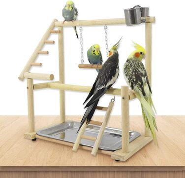 Bird Playground, budgie toys, bird playground stand, bird gym, bird accessories, climbing frame with ladder, running grid with feeder cups, tray, swing for parakeets, wavy parrots, finches, etc. (#7)