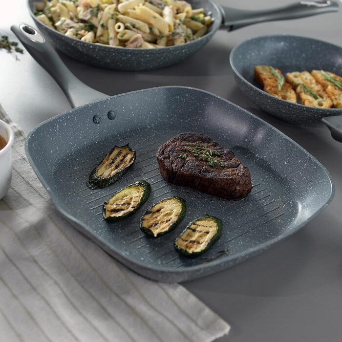 Набір сковорідок Salter COMBO-8572A 8 предметів: каструлі 16/18/20 см, сковороди 20/24/28 см, вок з кришкою, гриль-сковорода, антипригарне покриття, підходить для індукційних плит, здорове приготування з малим або без олії, Marblestone, сірий колір