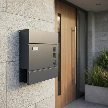 Поштова скринька BASI з м'яким закриттям, оглядовим вікном та табличкою для імені, DIN A4, з 2 ключами, вбудованим відділенням для газет, антрацит, настінна (H37x37x10.4 см)