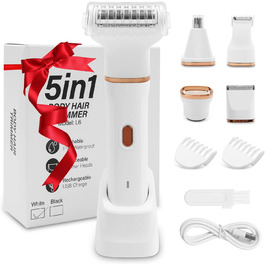 Електричний жіночий бритва 5-в-1 для тіла, бікіні та носа, водонепроникний (IPX7), для сухого та вологого гоління, з тримером, USB-зарядка
