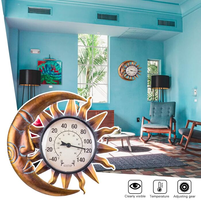Outdoor Thermometer for Terrace - Wall Thermometer Indoor Outdoor Thermometer with Garden Stake for House and Garden Decor (Sun and Moon)