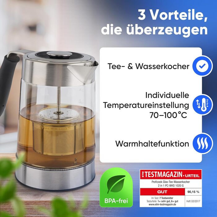 Електричний чайник ProfiCook PC-WK 1020 G: скляний корпус, 1.7 л, 3000 Вт, з тефлоновим фільтром, підігрів