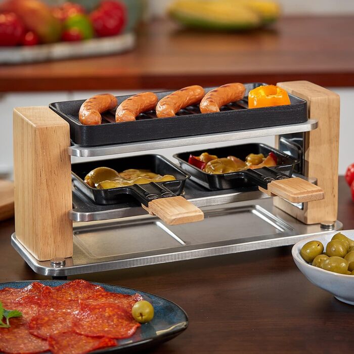 Електричний міні-гриль Raclette COKLAI на 2 особи, антипригарна рифлена пластина, 2 сковорідки та дерев'яна лопатка, 300 Вт, натуральне дерево