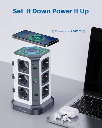 Многорозетка Koosla з USB-C, 12 розеток, захист від перенапруги 1500 Дж, індивідуальне вмикання, 5 м кабель, сіра (бездротовий заряд 30 Вт)