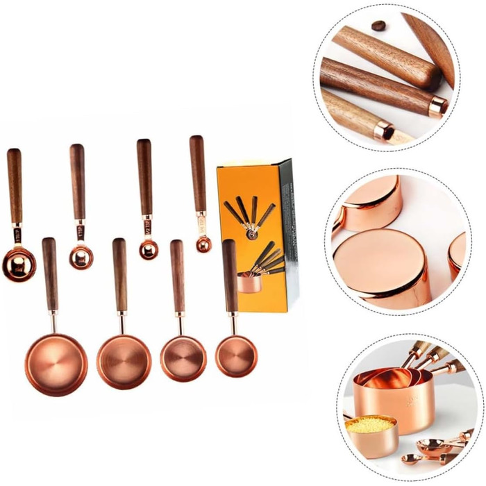 GREENADSCAPE 8-Piece Measuring Cup and Spoon Set for Bakers, Stainless Steel, Walnut Handle, Rose Gold, Multifunctional Kitchen Tool