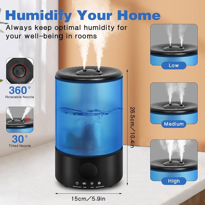 Зволожувач повітря для спальні Top-Fill, 3.2L, 360° Cool Mist, для дитячої кімнати та рослин, ультра-тихий, автоматичне відключення (блакитний)