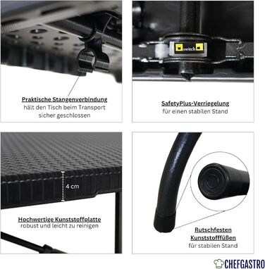 Розкладний буфет ChefGastro 180x74 см для саду, тераси, балкону. Чорний, ротанг, 8 осіб. Стіл для кемпінгу та вечірок