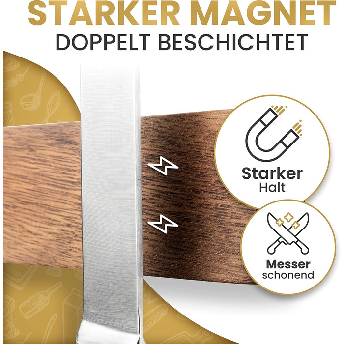 Magnetic Knife Strip, Wood, Self-Adhesive, No Drilling Required - XL Knife Strip for up to 10 Knives - 43x6.2cm - [ROCK SOLID] - Magnetic Knife Block made of Walnut Wood for the Kitchen - Magnetic Knife Holder