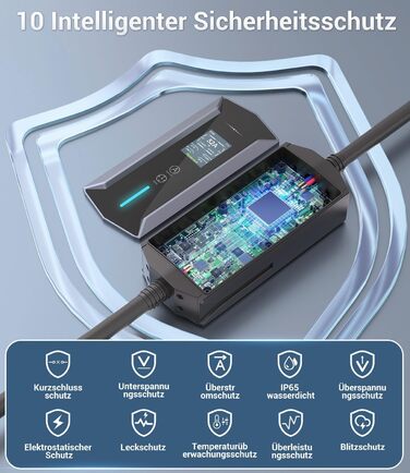 Портативний зарядний пристрій для електромобілів IEC 62196-2, 7,4 кВт, 7м, IP65, LCD, регулювання потужності та часу початку