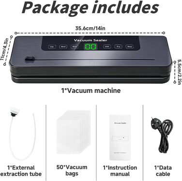 Вакуумний пакувальник 6-в-1 з цифровим LED-дисплеєм та 30 см зварювальною лінією, 50 шт. вакуумних пакетів, зовнішній шланг, для сухих та вологих продуктів, срібла