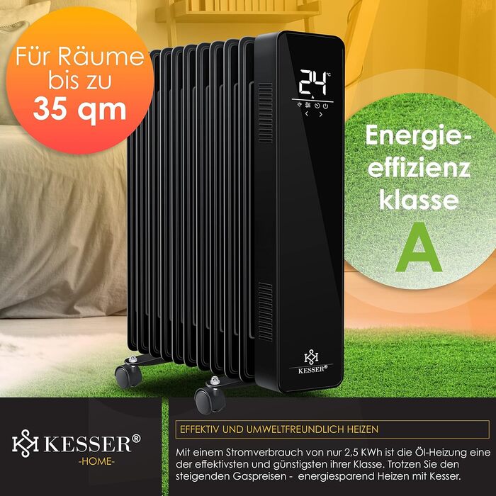 KESSER® 2500W Oil Radiator Mobile Electric Heater - Energy-Saving with WiFi App Control & LED Touch Display Remote Control. Oil Radiator Heater, Electric, 11 Ribs, 24h Timer, Overheat Protection, Black / 2500w