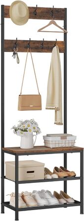 WOLTU Coat Rack Clothes Rail Laundry Rack Shoe Rack with Seat, with 7 Hooks, Made of Wood and Steel, Hanging Shelf, Black Vintage (Black + Rustic Brown)