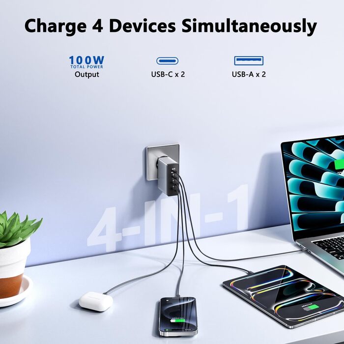 Зарядний пристрій USB-C 50W, 5 портів: 2 USB-C та 3 USB-A, PD 3.0, Fast Charge для iPhone, Samsung, телефонів, планшетів (Срібний)