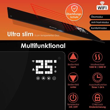 Електричний конвектор KESSER® з Wi-Fi, LCD-дисплеєм та пультом керування. Чорний, 2500 Вт. Можливість встановлення на стіну або на підлогу.