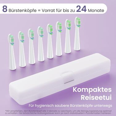 Електрична зубна щітка YUNCHI C2 з 40000 вібрацій на хвилину, звукова щітка для дорослих, зарядка USB-C, акумулятор на 55 днів, 5 режимів чищення, таймер 2 хвилини, 8 насадок, дорожній футляр, чорний (C2 фіолетовий та білий)