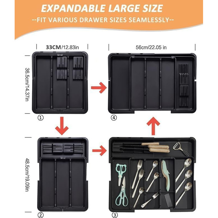 Органайзер для столових приборів ZHUlYIWIN в шухляду, розсувний, з тримачами для ножів (сірий)