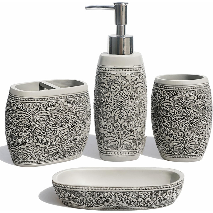 Набір аксесуарів для ванної кімнати LUANT, 4 шт: органайзер насадок, стакан, тримач для зубних щіток, мильниця та дозатор мила, сірий