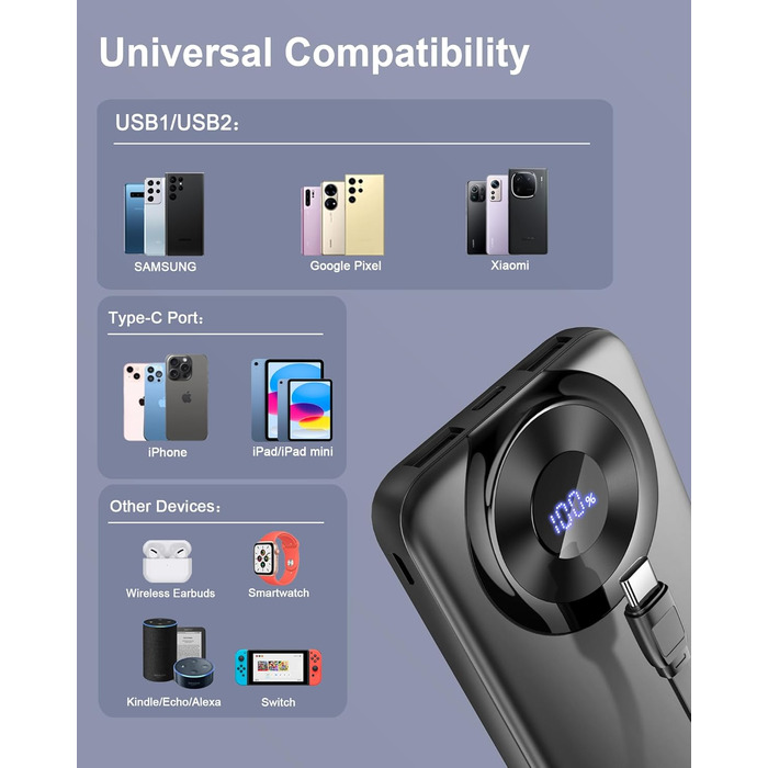 Портативний зарядний пристрій з вбудованими кабелями та роз'ємами, акумуляторний пак, сумісний з Android та іншими пристроями, чорно-жовтий