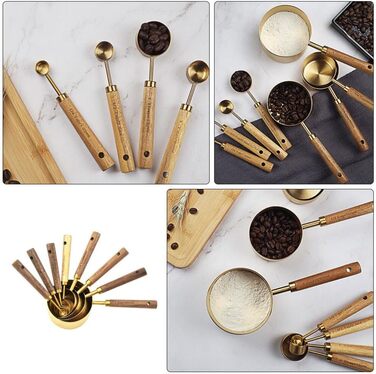 STOBAZA Measuring Cup and Spoon Set of 8 Stainless Steel Pieces, Stackable Measuring Cups and Kitchen Baking Utensils with Wooden Handle for Wine Ingredients, Milk Powder