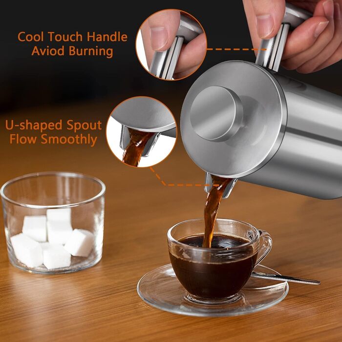 Make a French Press Coffee Maker, 1500 ml large insulated French Press, double-walled insulated stainless steel, 3-stage filter system, French press for home, camping and office, Silver (350ML)