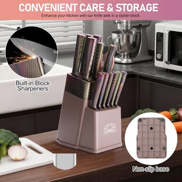 Набір кухонних ножів Messerblock 16 предметів з дерев'яною підставкою, дощечкою, захистом пальців, точилкою та кухонними ножицями. Професійний набір ножів для дому (зелений/рожевий)