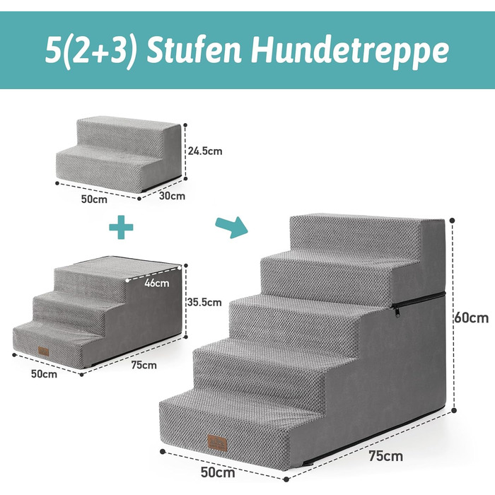 Сходи для собак, 5 сходинок, з щільного пінополіуретану, для ліжка, дивану, софи, 60 см, знімна, для котів та літніх/травмованих собак (сірий, 50x75x60, 5)
