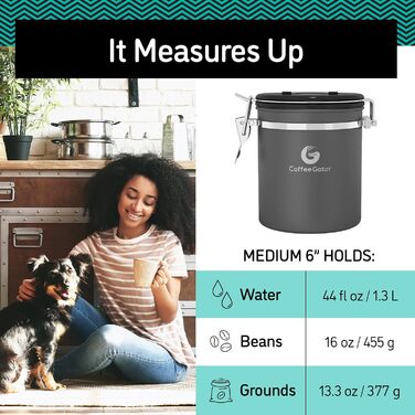 Контейнер для кави Coffee Gator з нержавіючої сталі, герметичний, з датчиком дати, CO2-вентилем, ложкою, для кавових зерен, кавової гущі, горіхів, чаю, цукру (Чорний, M)