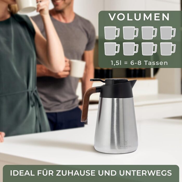 WALDWERK Thermos Flask (1.5L) - Coffee Pot made of double-walled 304 Stainless Steel - Insulated Carafe with drip-free spout - Coffee Pot Thermo