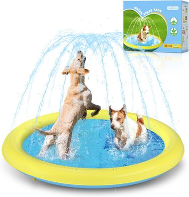 Nobleza Hundepool, D170 cm/67 in Splash Pool for Large & Small Dogs, 0.55mm Thickened Anti-Slip Sprinkler Mat Foldable Splash Pad for Summer, Garden, Outdoors (D1.4m, Yellow & Blue)
