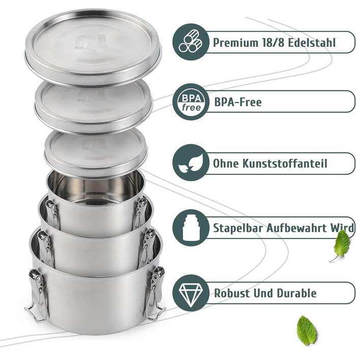 Stainless Steel Lunch Box (3 Pack) Adult Food Containers, Kids Lunchbox, Stainless Steel. Suitable for snacks, fruit, cereal, soups, and main meals, etc.