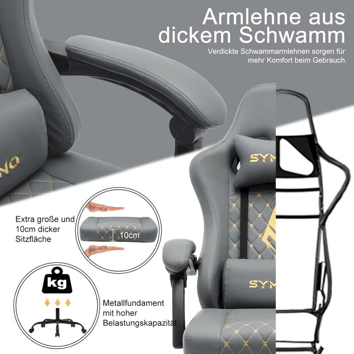 Ігрове крісло Symino Racing з ергономічною підтримкою попереку, з підніжкою, з PU шкіри, сіре, 130 кг