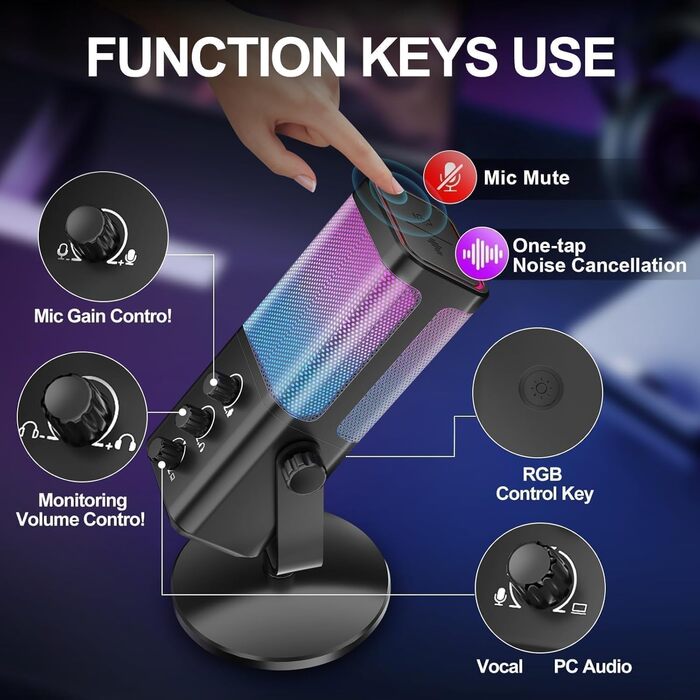 Мікрофон USB для ігор та стрімінгу з RGB підсвічуванням та шумозаглушенням. Підходить для ПК, PS4, PS5, Mac, запису подкастів та ASMR.