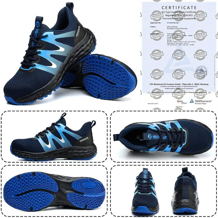 Черевики робочі ISOOUS для чоловіків та жінок. Безпекові черевики з металевим капаком, антиковзаючі, дихаючі, спортивного стилю (47 EU, Синій)