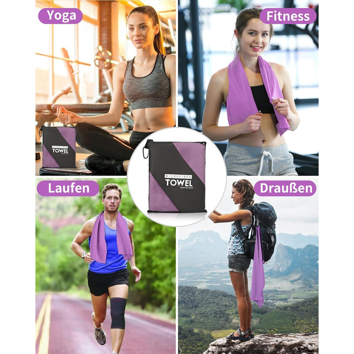 Набір рушників з мікрофібри (3 шт.): 180x80 см + 2 шт. 80x40 см. Ідеально для фітнесу, сауни, пляжу, подорожей. Темно-зелений (фіолетовий)