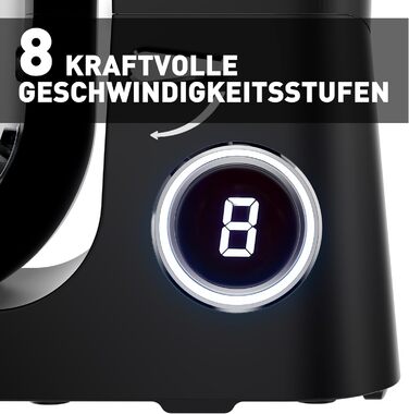 Кухонна машина Heinrichs 2500W з подвійним гаком для тіста, міксером та вінчиком, 8 швидкостей, чаша 8L з нержавіючої сталі, чорна