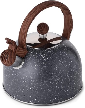 Чайник VONIKI з нержавіючої сталі 2,5 л з свистком для плити, з дерев'яною ручкою, сірий, для приготування чаю та як подарунок