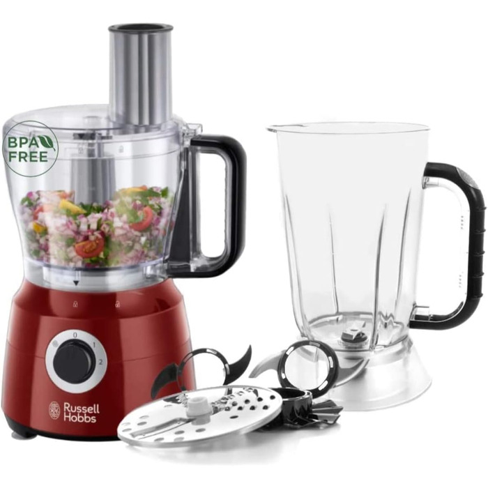 Russell Hobbs Food Processor Multi [Standmixer/Mixer/Chopper/Shredder/Grater/Whisk] Desire Red (Mixing, Chopping & Shredding etc., Dishwasher-safe accessories, 600W) 24730-56