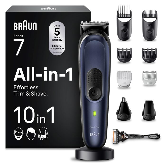 Braun Series 7 All-in-One AIO7545 – Триммер для бороди, волосся та тіла 10 в 1, сірий, акумулятор 120 хв, 14 насадок (0.1-21 мм), водонепроникний