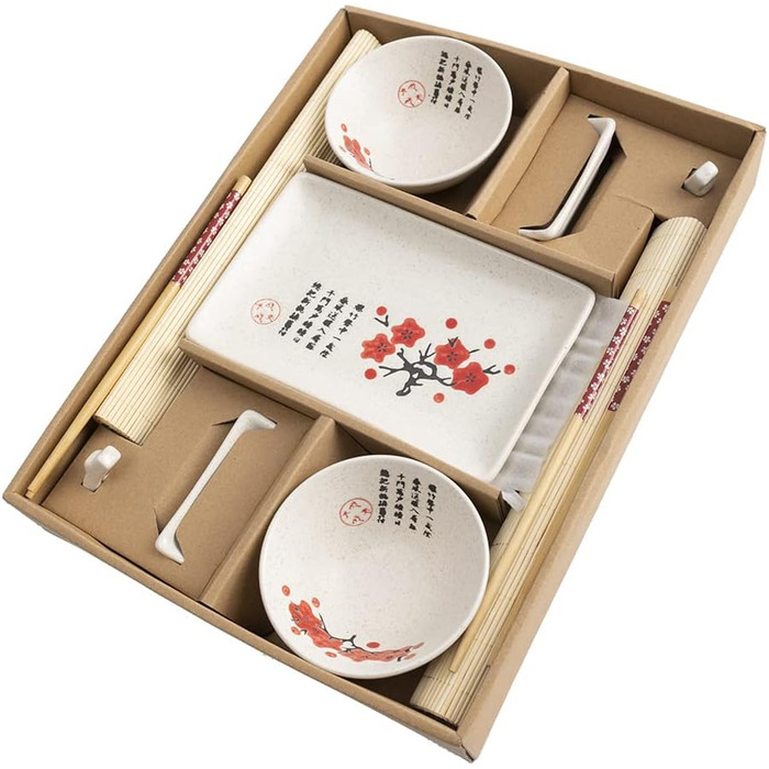 Традиційний японський набір для суші: тарілки, палички та підтарілки на 2 особи. З порцеляни, з візерунком квітки сакури. Ідеальний японський подарунок.