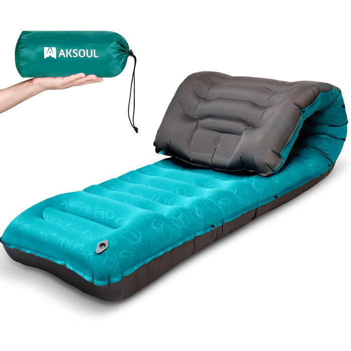 Надувний килимок для кемпінгу - самонадувний, товстий, з подушкою, для рюкзаків, трекінгу, подорожей - блакитний